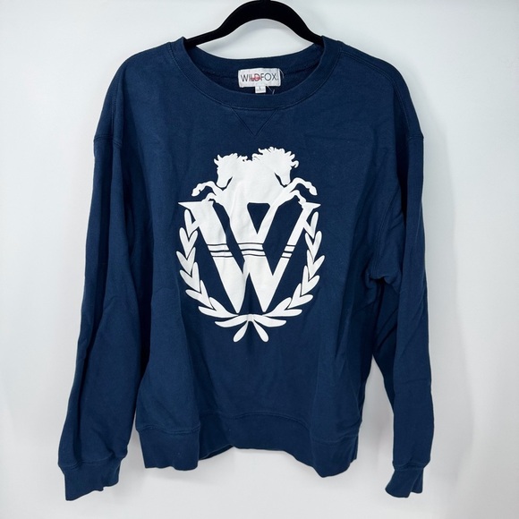 WildFox Preppy Navy Coastal Long Sleeve Full Length Graphic Crewneck Sweater - Picture 1 of 3